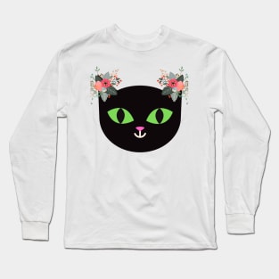 Black cat with flowers Long Sleeve T-Shirt